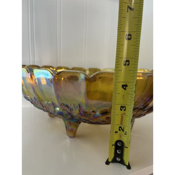 Indiana Glass Iridescent Carnival Amber Glass Oval Fruit Bowl Footed Vintage - Picture 6 of 10